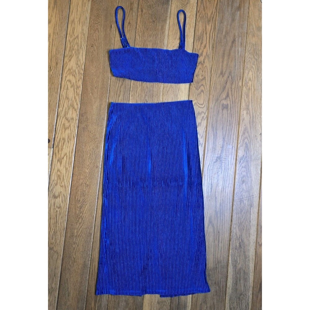 NBD Women's M Royal Blue Corduroy 2 Piece Skirt Cropped Bralette Set